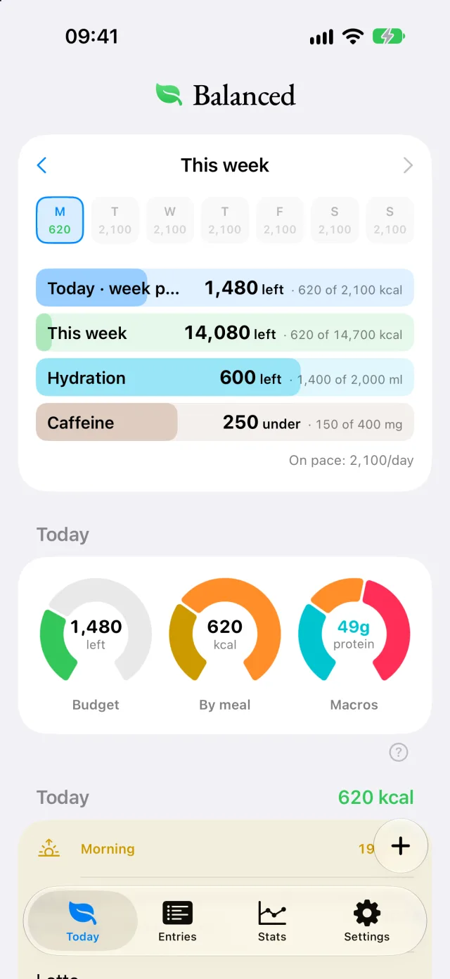 Balanced today screen: calories left today and this week, hydration and caffeine bars, and rings for budget, meals and macros