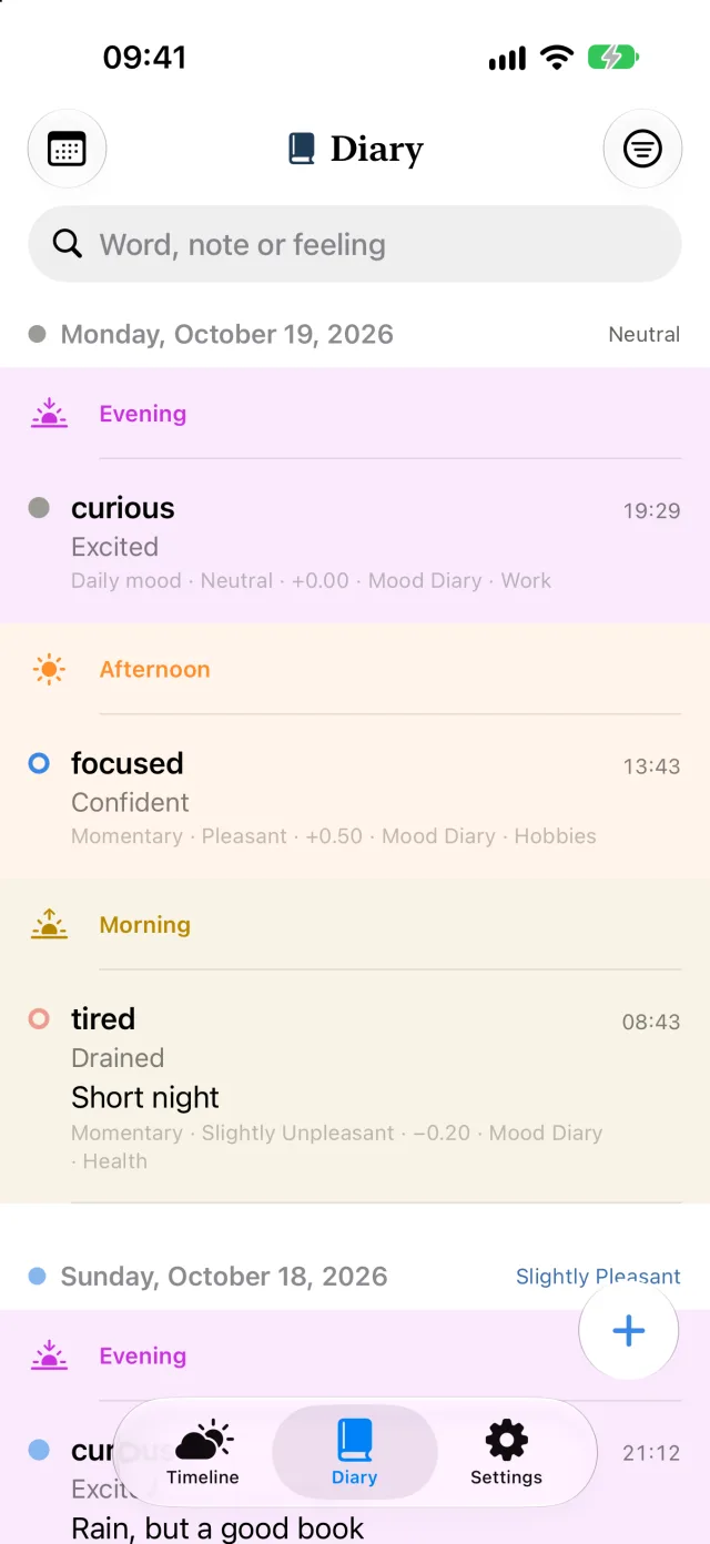 Waves diary: entries grouped by day and time of day, each with a word, feelings and a note