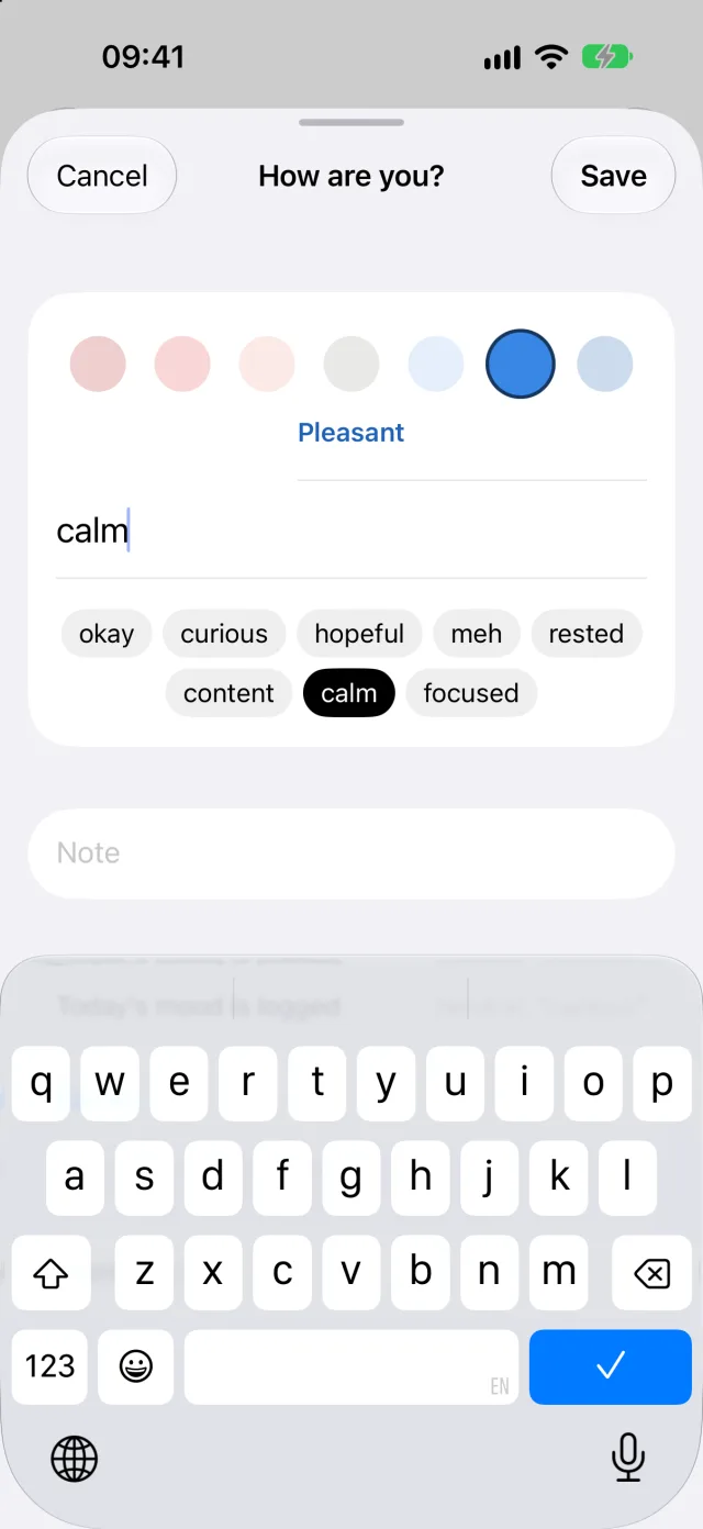 Waves log sheet: seven mood circles, a word and suggested words